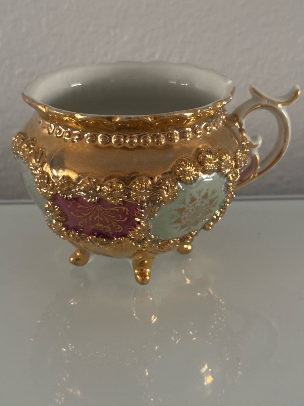 Antique German Porcelain Lustreware Footed Demitasse Cup 2.5” Teacup Gold Detail
